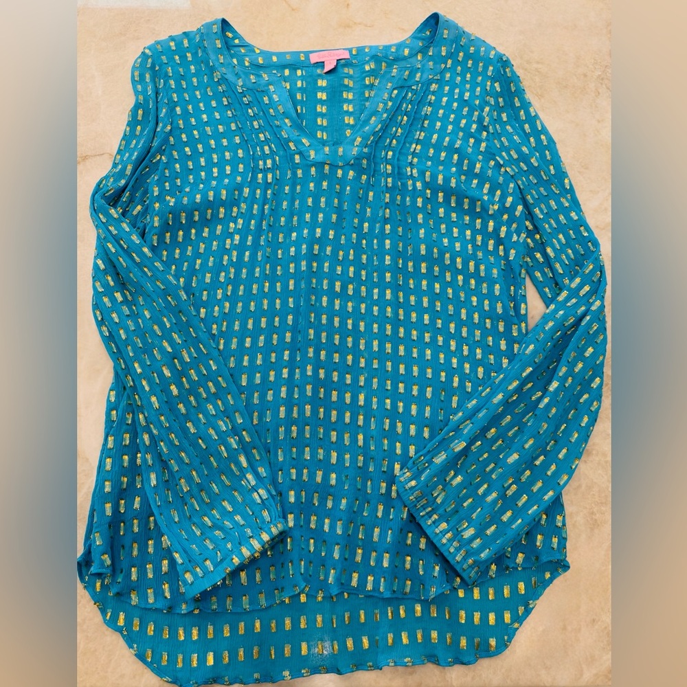 COPY - Lily Pulitzer lightweight Turquoise and Gold Women's Top L